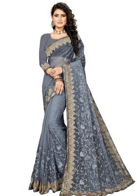 Grey Embroidered Net Saree Set