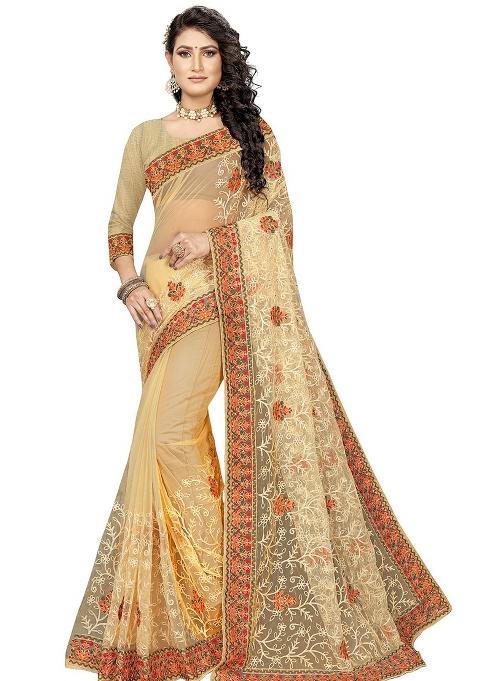 Beige Embroidered Net Saree Set