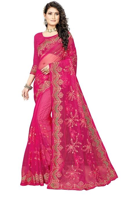 Pink Embroidered Net Saree Set