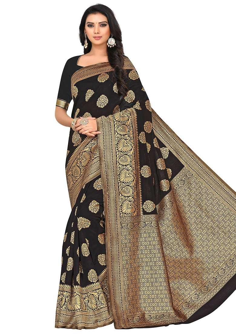 Black Embroidered Silk Blend Saree Set for Diwali and Festive Wear - Indya