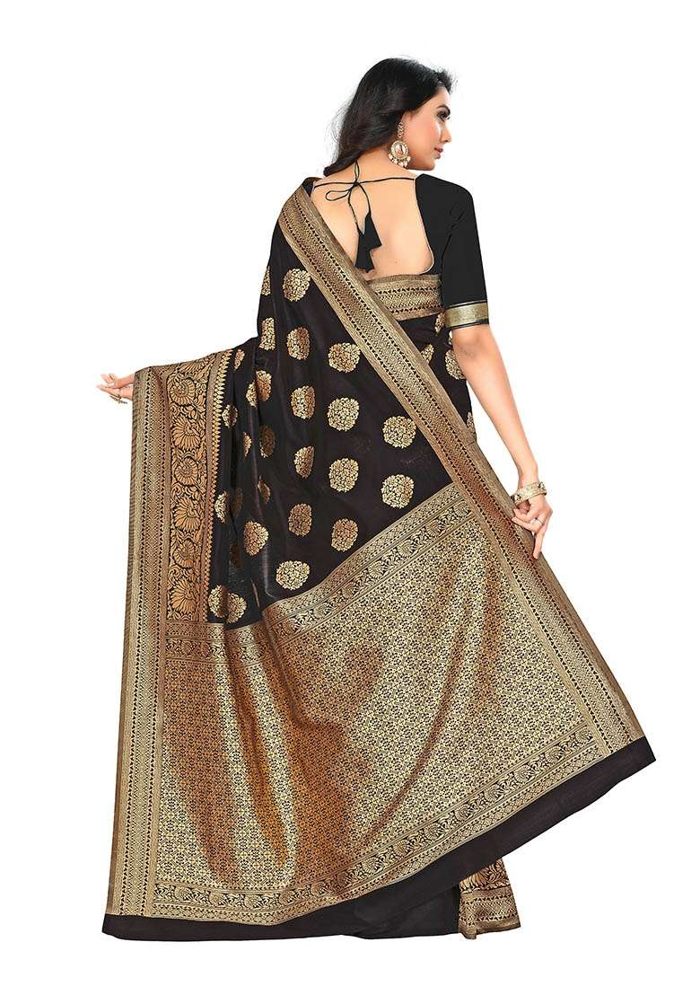 Black Embroidered Silk Blend Saree Set for Diwali and Festive Wear - Indya
