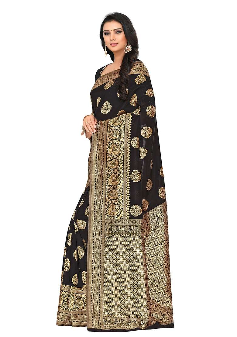 Black Embroidered Silk Blend Saree Set for Diwali and Festive Wear - Indya