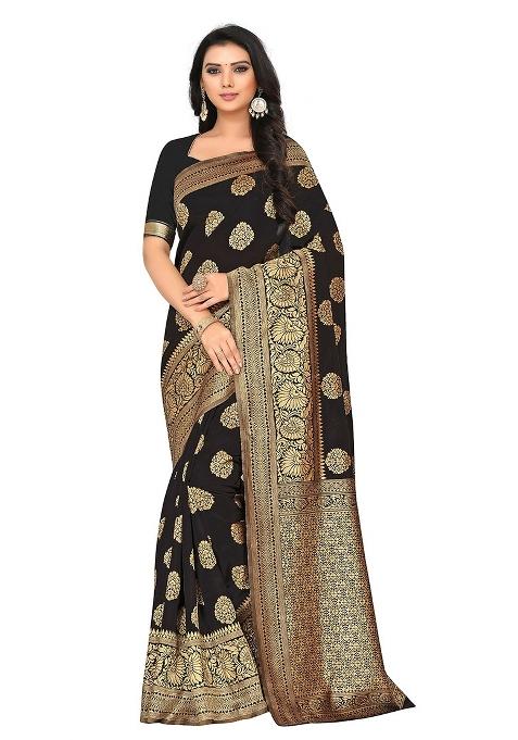 Black Embroidered Silk Saree Set