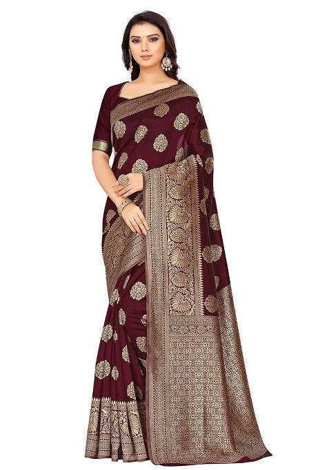 Maroon Embroidered Silk Saree Set