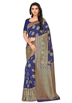 Navy Blue Embroidered Silk Saree Set
