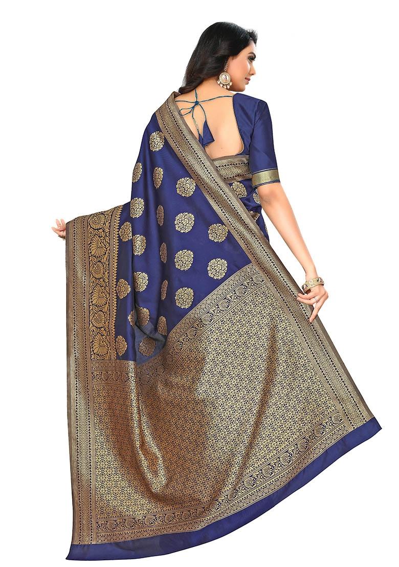 Navy Blue Embroidered Silk Saree Set - Indya