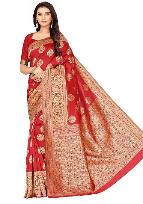 Red Embroidered Silk Saree Set