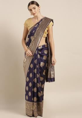 Navy Blue Embroidered Silk Saree Set