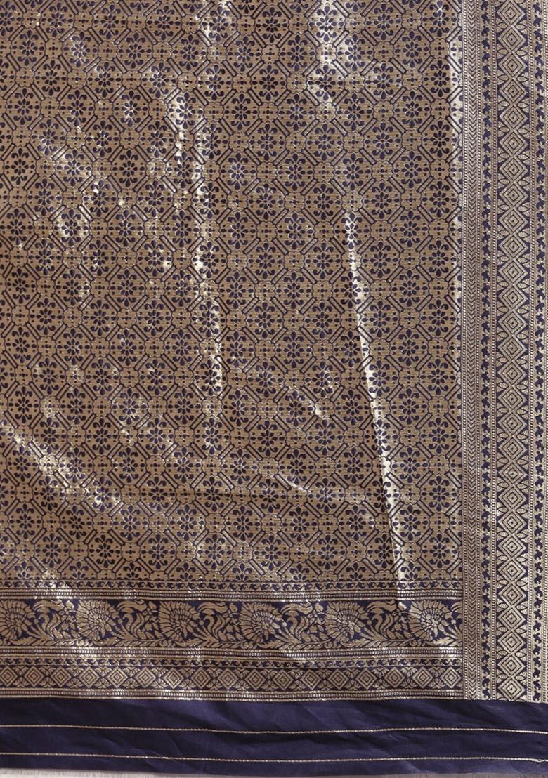 Navy Blue Embroidered Silk Saree Set - Indya