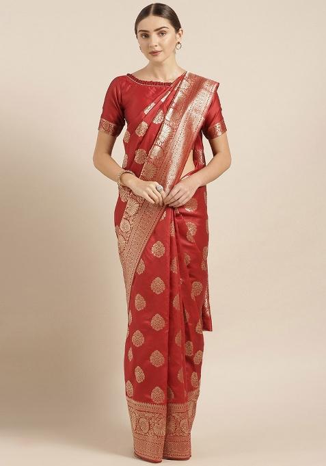 Red Embroidered Silk Saree Set