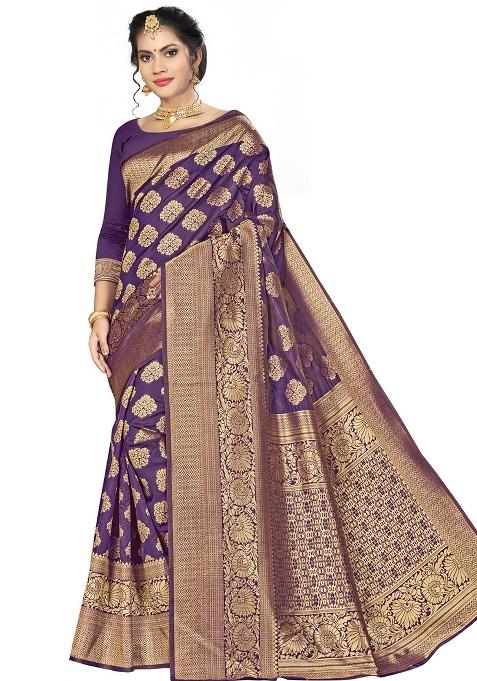 Purple Embroidered Silk Saree Set