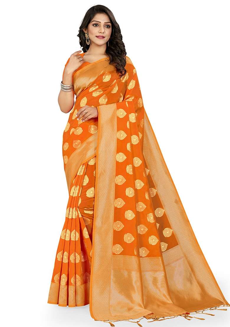 Orange Embroidered Silk Blend Saree Set for Diwali and Festive Wear - Indya