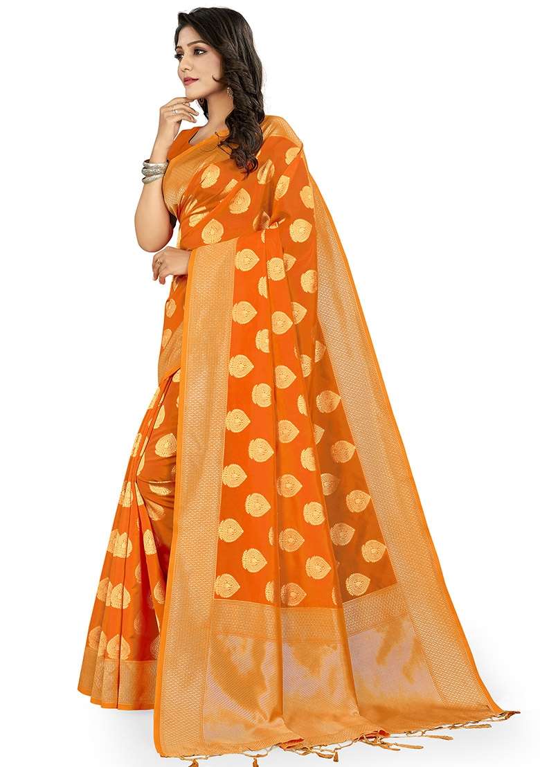 Orange Embroidered Silk Blend Saree Set for Diwali and Festive Wear - Indya