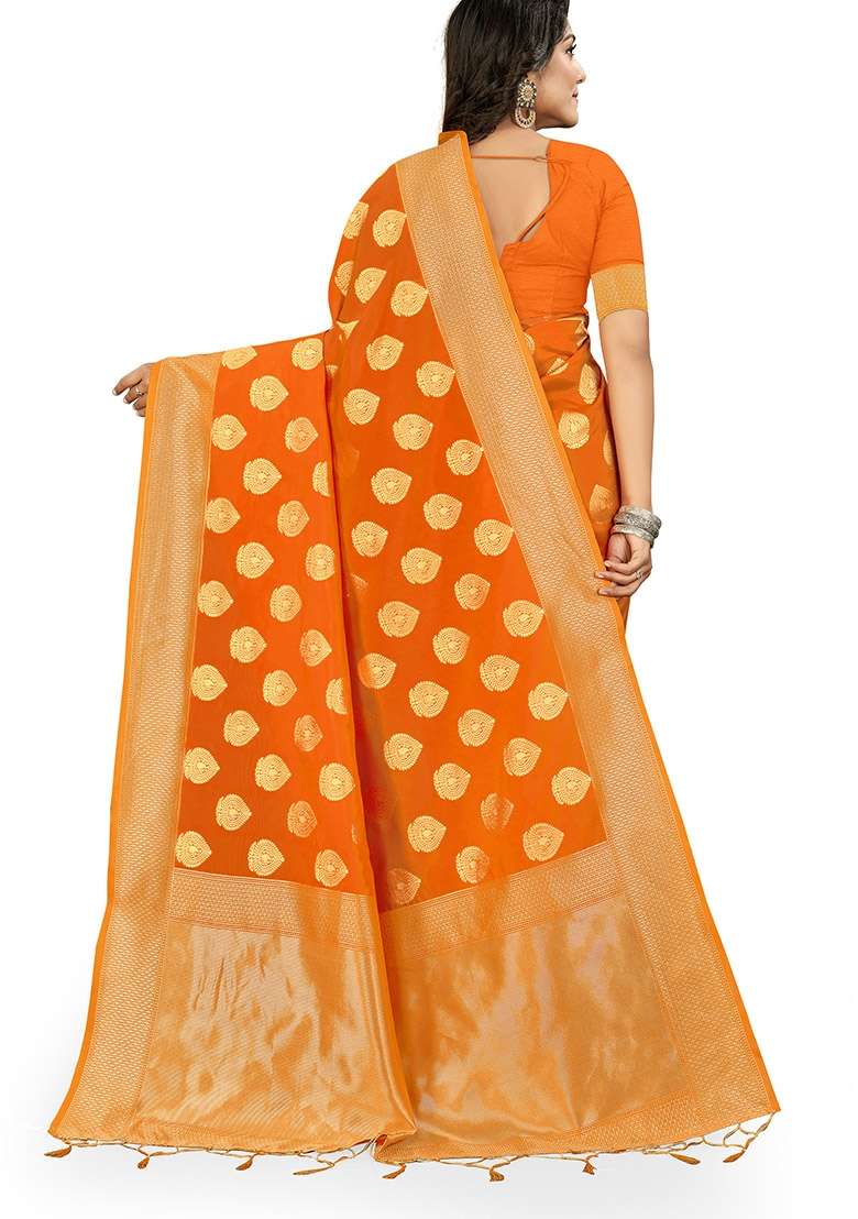 Orange Embroidered Silk Blend Saree Set for Diwali and Festive Wear - Indya