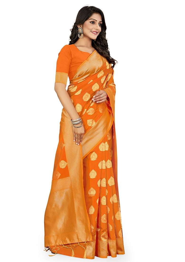 Orange Embroidered Silk Blend Saree Set for Diwali and Festive Wear - Indya