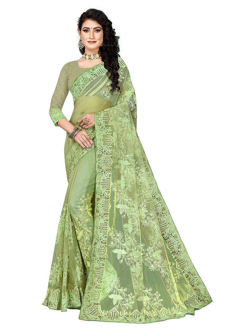 Pista Green Embroidered Net Saree Set - Indya