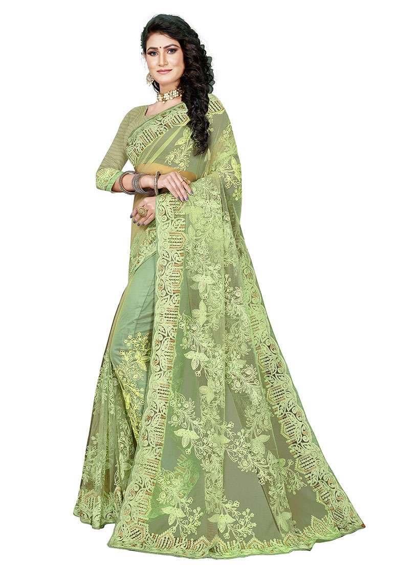 Pista Green Embroidered Net Saree Set - Indya