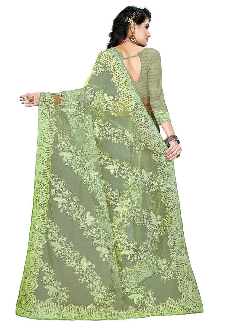 Pista Green Embroidered Net Saree Set - Indya