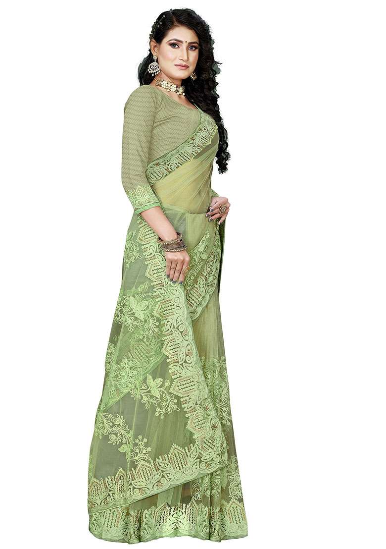 Pista Green Embroidered Net Saree Set - Indya