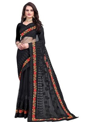 Black Embroidered Net Saree Set