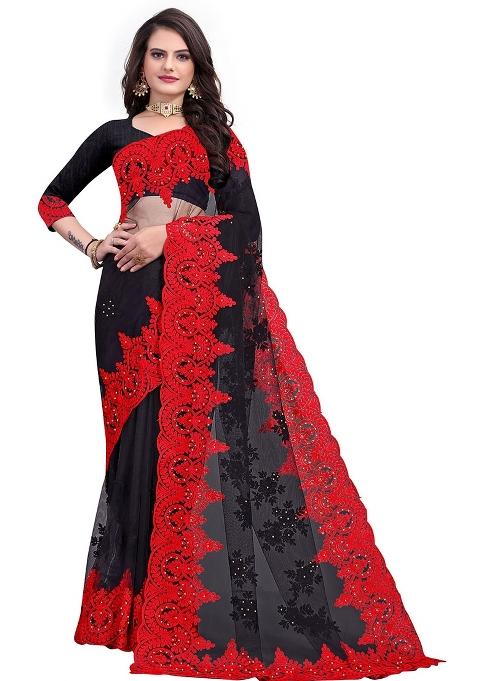 Black Embroidered Net Saree Set