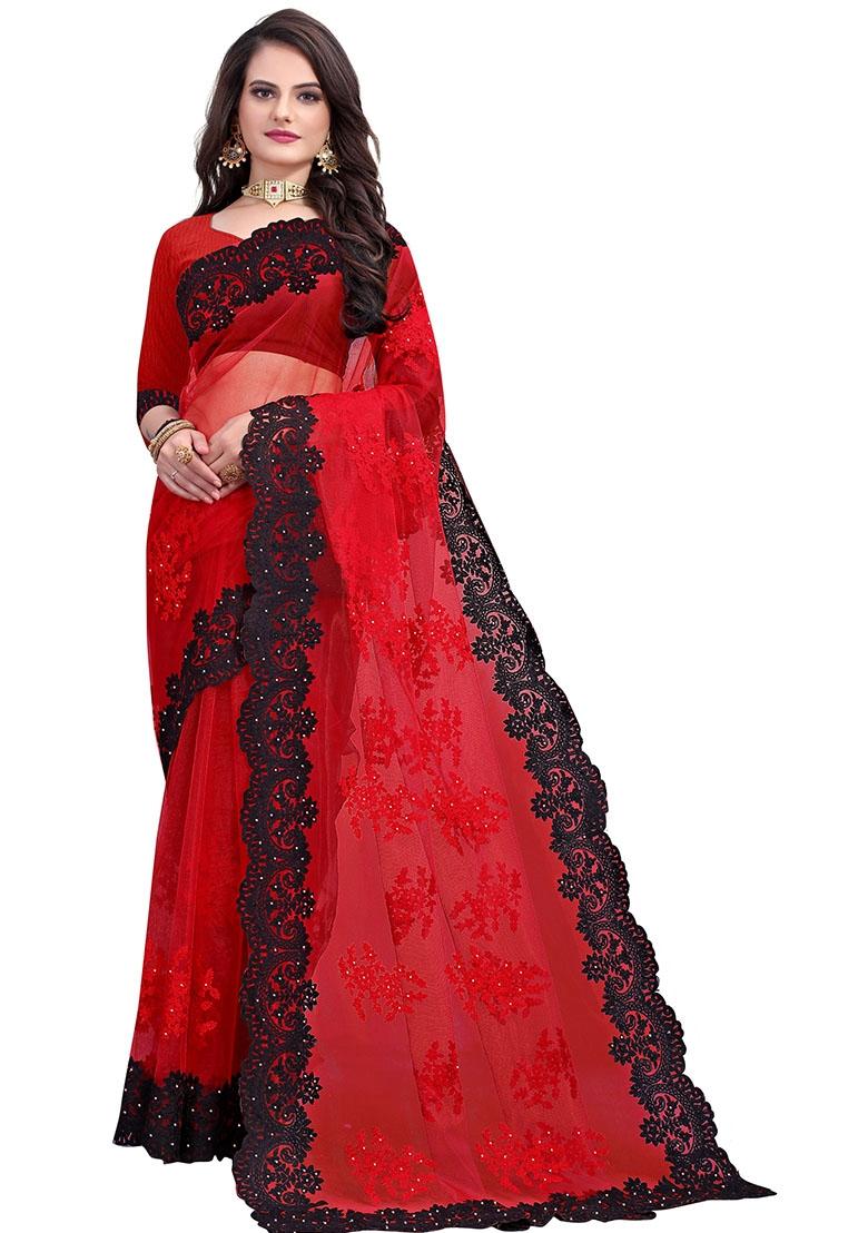 Red Embroidered Net Saree Set