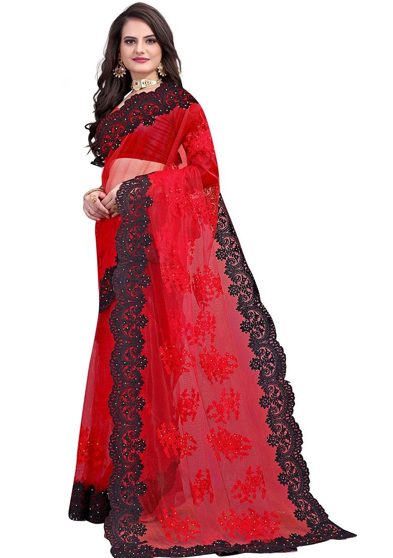 Red Embroidered Net Saree Set