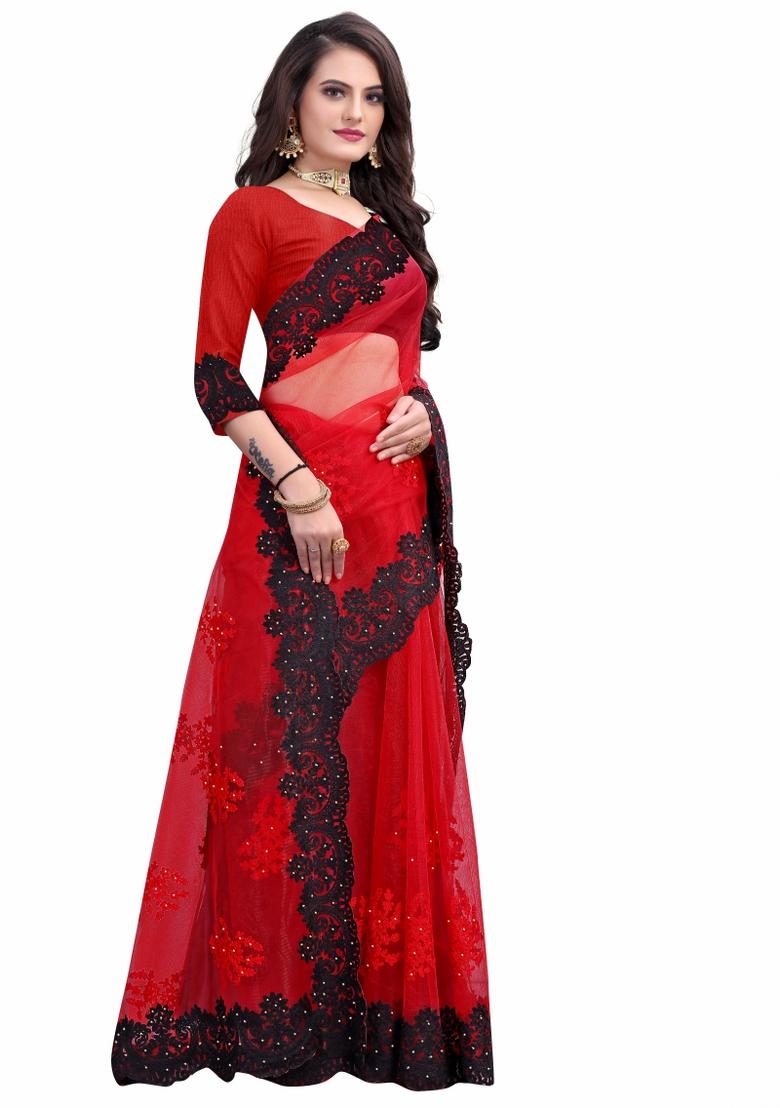 Red Embroidered Net Saree Set