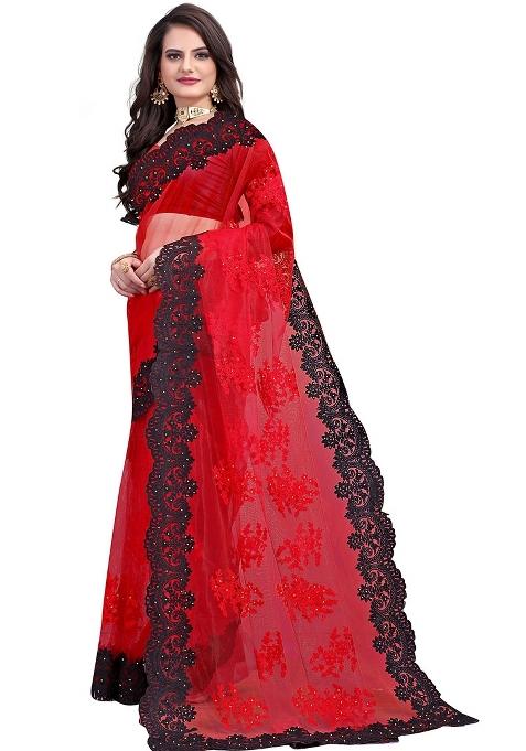 Red Embroidered Net Saree Set