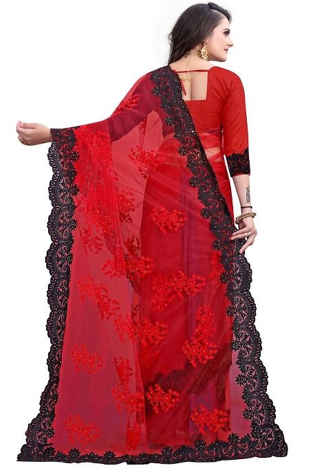 Red Embroidered Net Saree Set