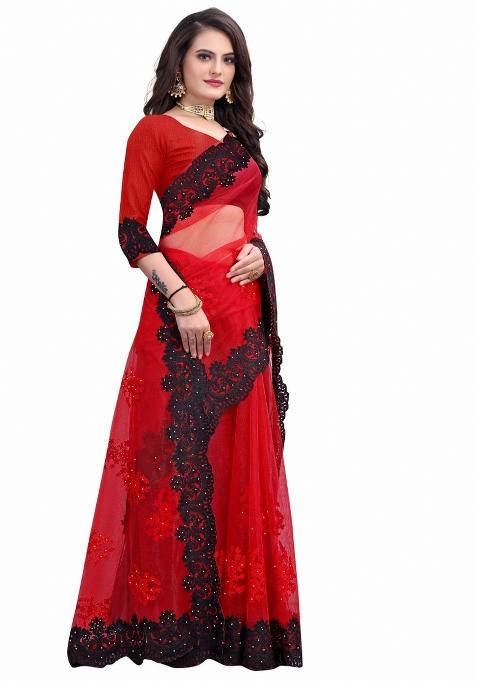 Red Embroidered Net Saree Set