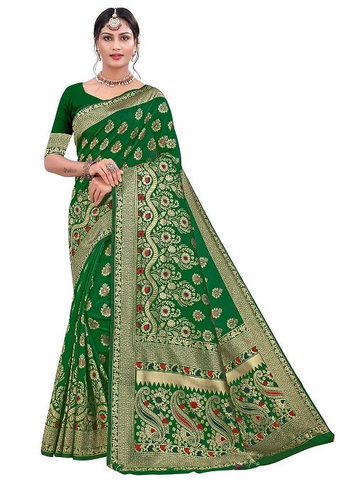 Green Embroidered Silk Saree Set