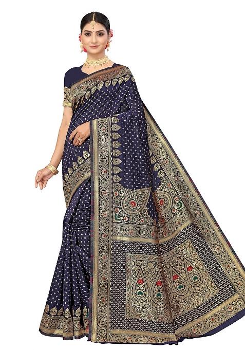 Blue Embroidered Silk Saree Set