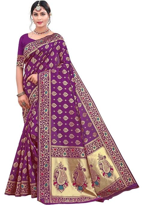 Purple Embroidered Silk Saree Set