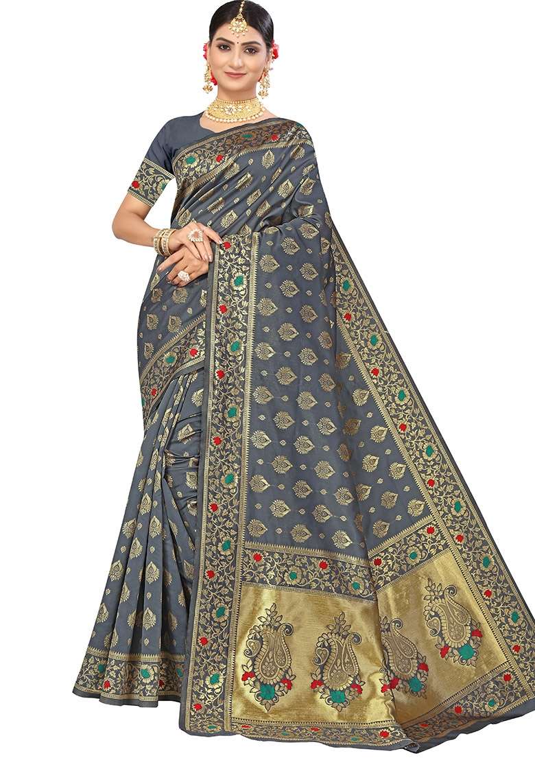 Grey Embroidered Silk Blend Saree Set for Diwali and Festive Wear - Indya