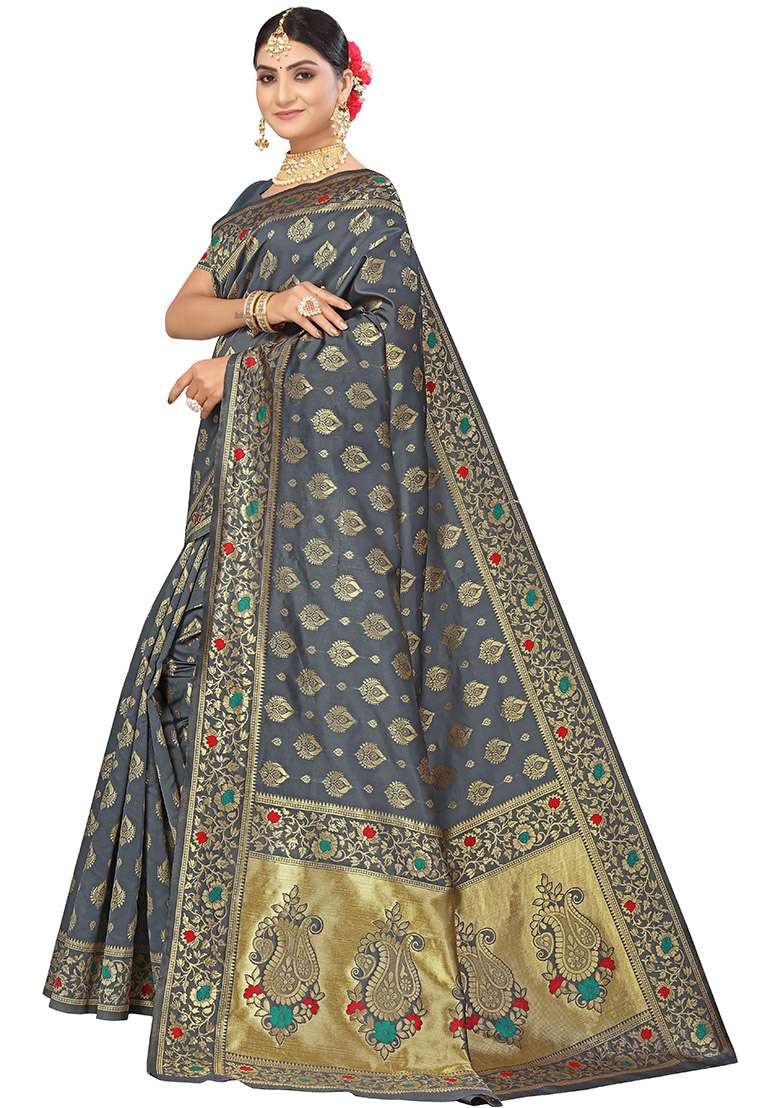 Grey Embroidered Silk Blend Saree Set for Diwali and Festive Wear - Indya