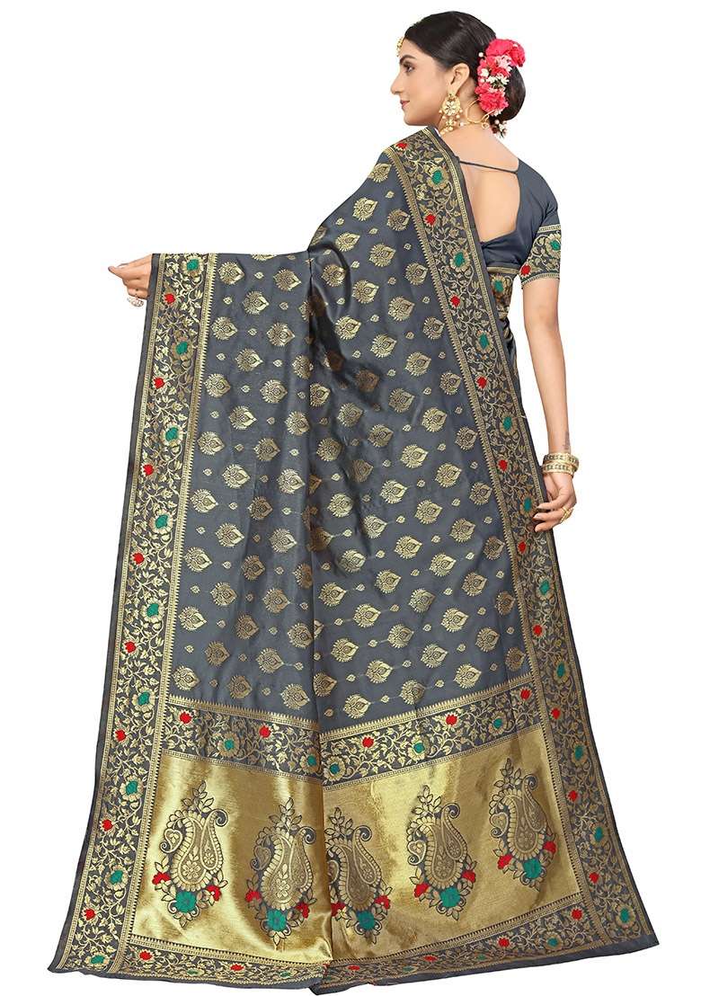 Grey Embroidered Silk Blend Saree Set for Diwali and Festive Wear - Indya