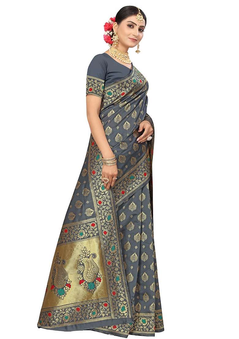 Grey Embroidered Silk Blend Saree Set for Diwali and Festive Wear - Indya
