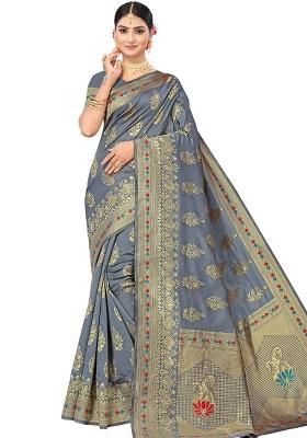 Grey Embroidered Silk Saree Set