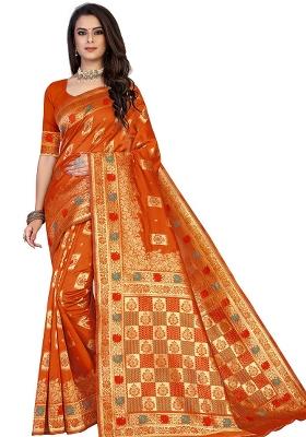 Orange Embroidered Silk Saree Set