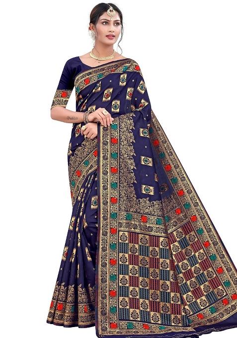 Blue Embroidered Silk Saree Set