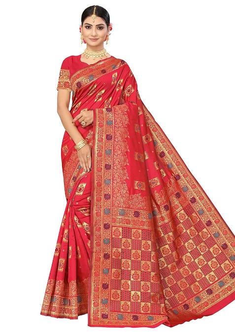 Pink Embroidered Silk Saree Set