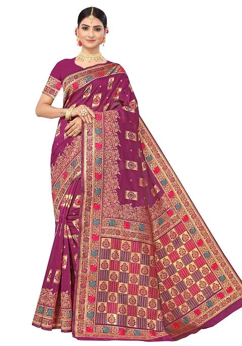 Purple Embroidered Silk Saree Set