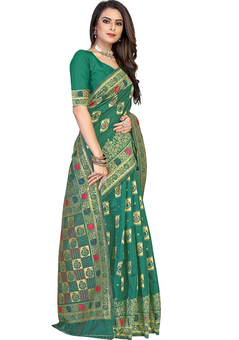 Green Embroidered Silk Saree Set - Indya