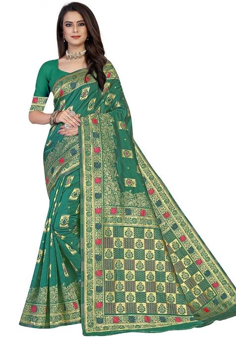 Green Embroidered Silk Saree Set