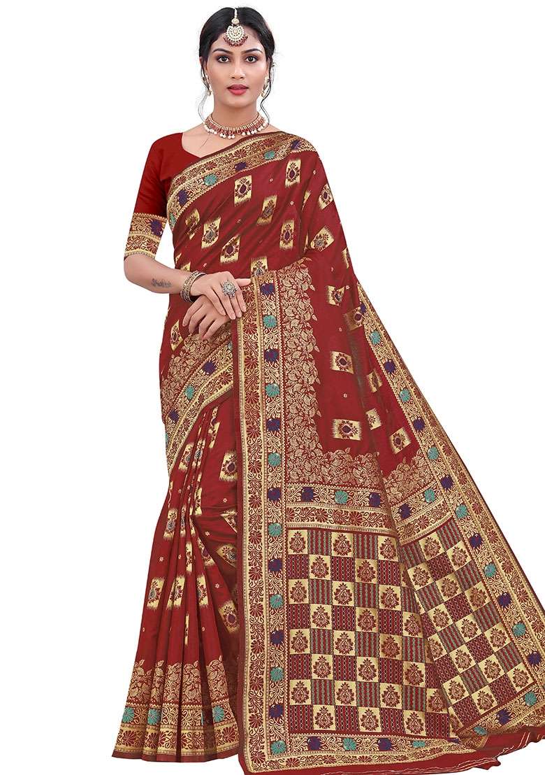 Maroon Embroidered Silk Blend Saree Set for Diwali and Festive Wear - Indya