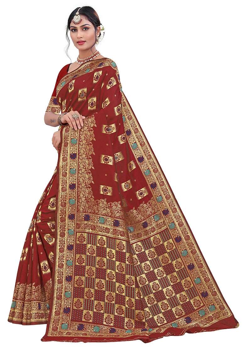 Maroon Embroidered Silk Blend Saree Set for Diwali and Festive Wear - Indya