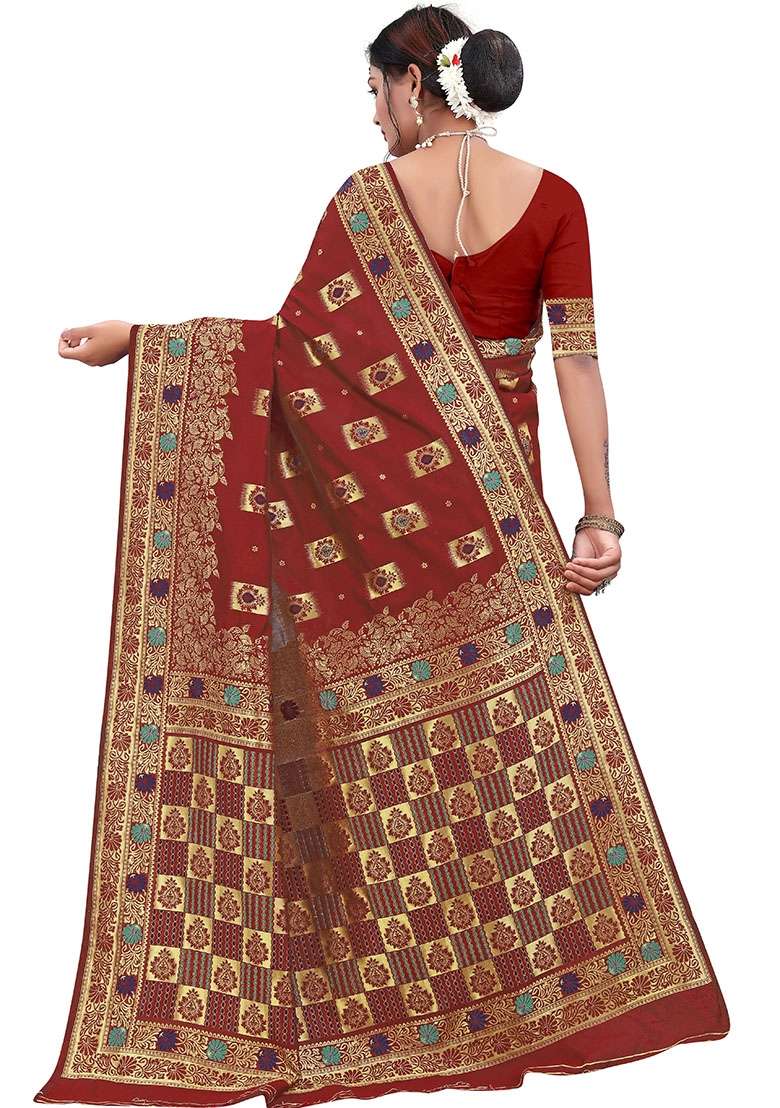 Maroon Embroidered Silk Blend Saree Set for Diwali and Festive Wear - Indya