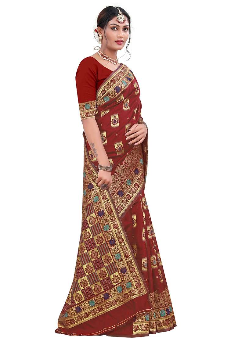 Maroon Embroidered Silk Blend Saree Set for Diwali and Festive Wear - Indya