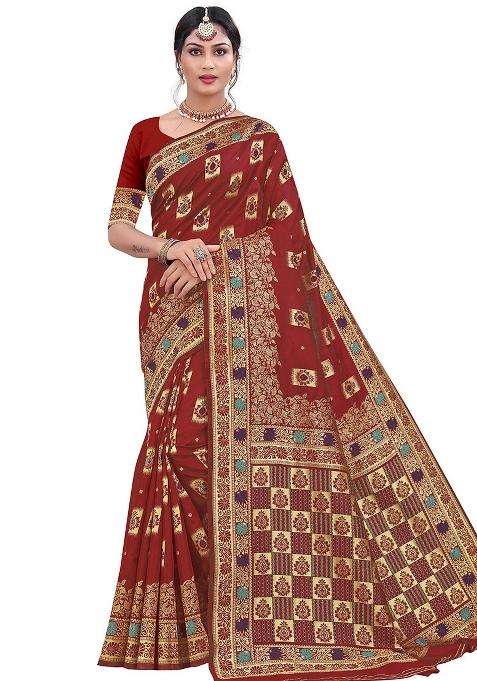 Maroon Embroidered Silk Saree Set